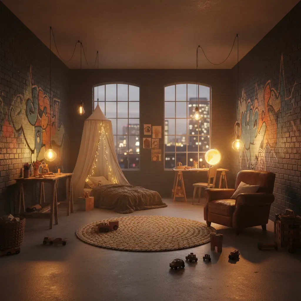 Industrial Kinderkamer - avondsfeer met verlichting
