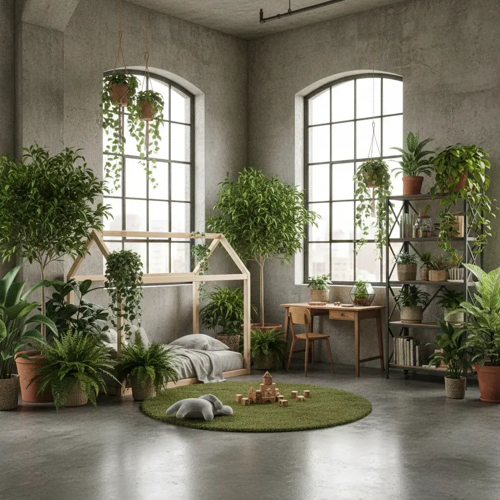 Industrial Kinderkamer - planten en groen accent