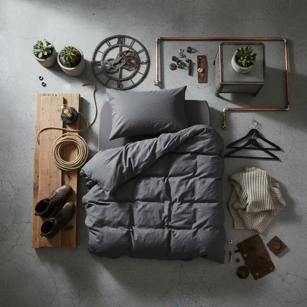 Industrial Slaapkamer - flatlay van decoratieve objecten