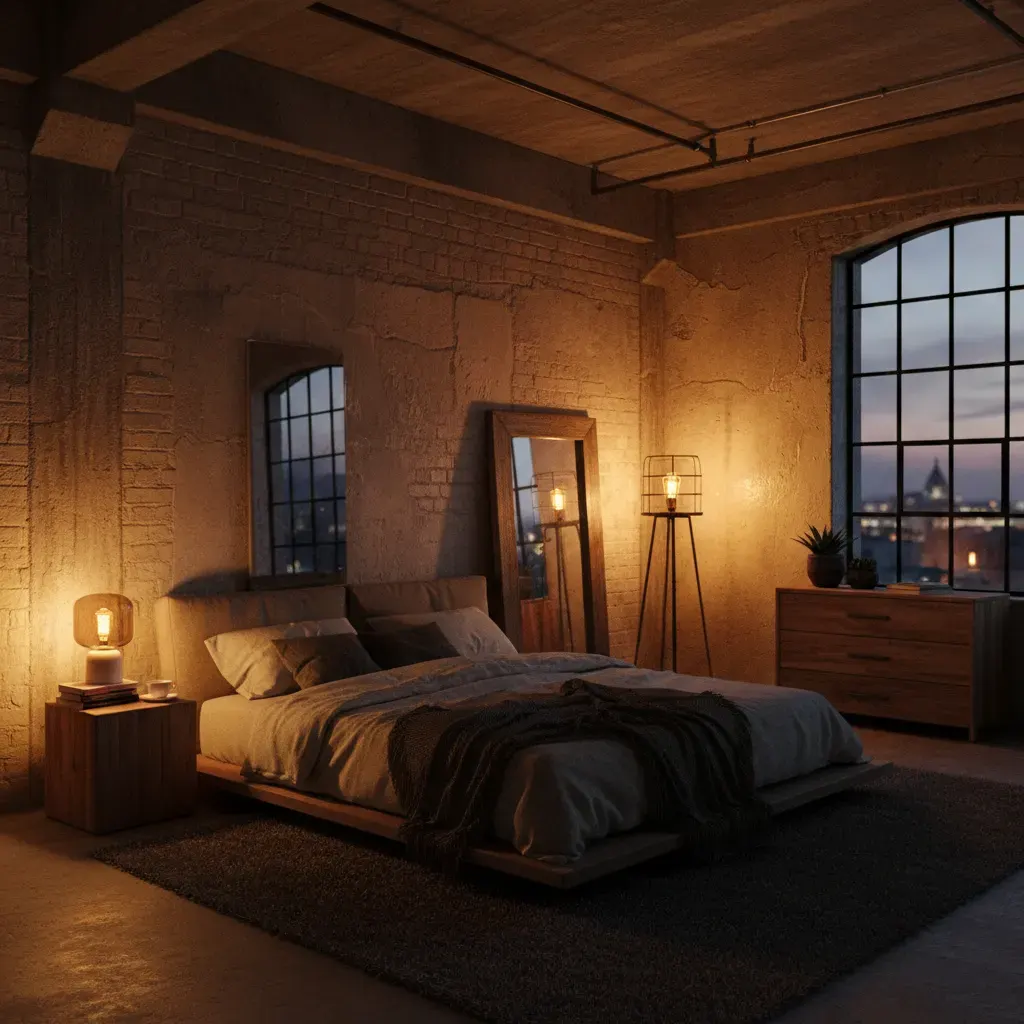 Industrial Slaapkamer - avondsfeer met verlichting
