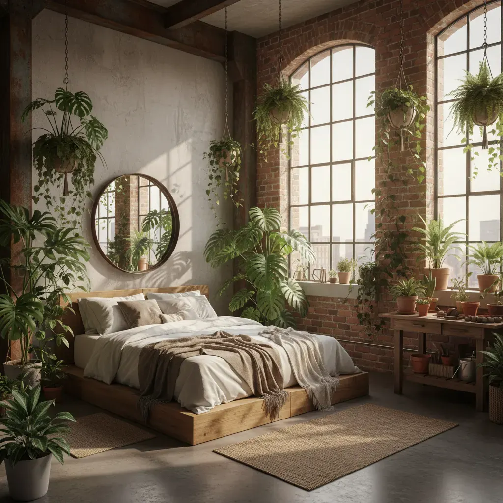 Industrial Slaapkamer - planten en groen accent
