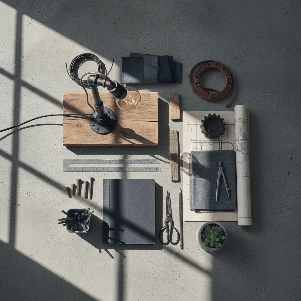 Industrial Werkkamer - flatlay van decoratieve objecten