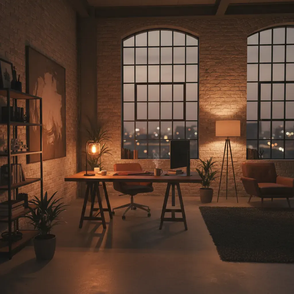 Industrial Werkkamer - avondsfeer met verlichting