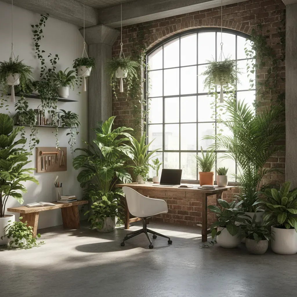 Industrial Werkkamer - planten en groen accent