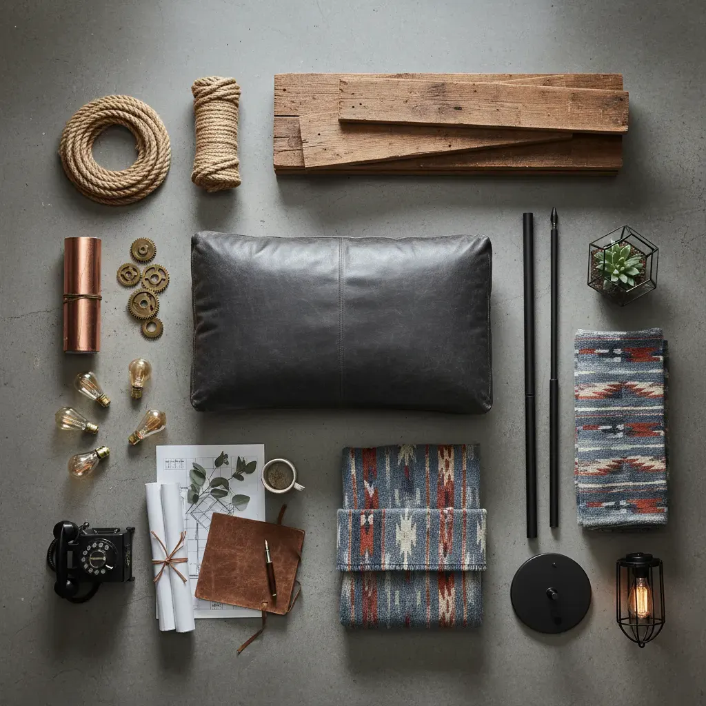 Industrial Woonkamer - flatlay van decoratieve objecten