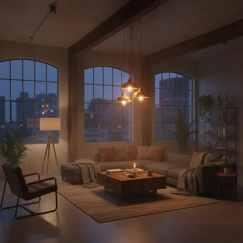 Industrial Woonkamer - avondsfeer met verlichting