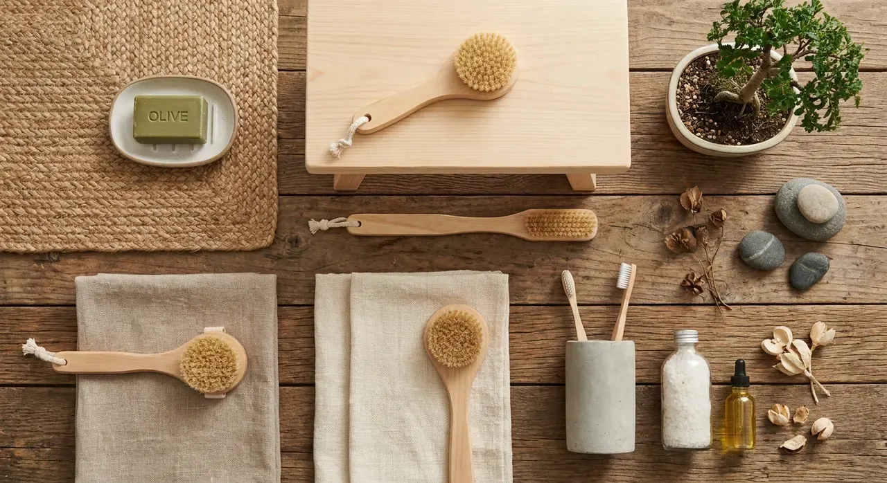 Japandi Badkamer - flatlay van decoratieve objecten