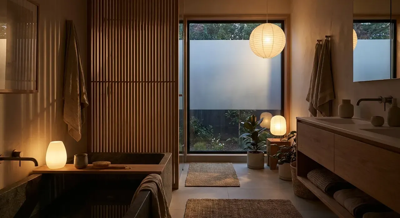 Japandi Badkamer - avondsfeer met verlichting