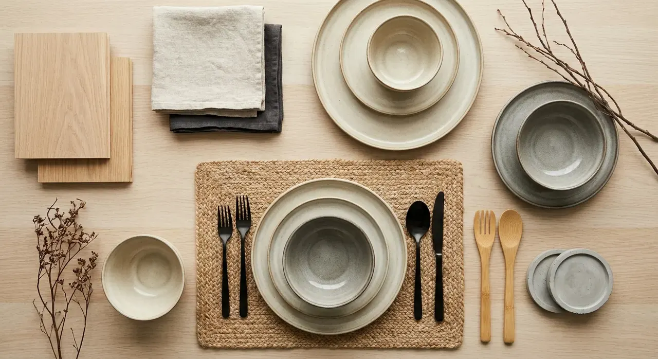 Japandi Eetkamer - flatlay van decoratieve objecten