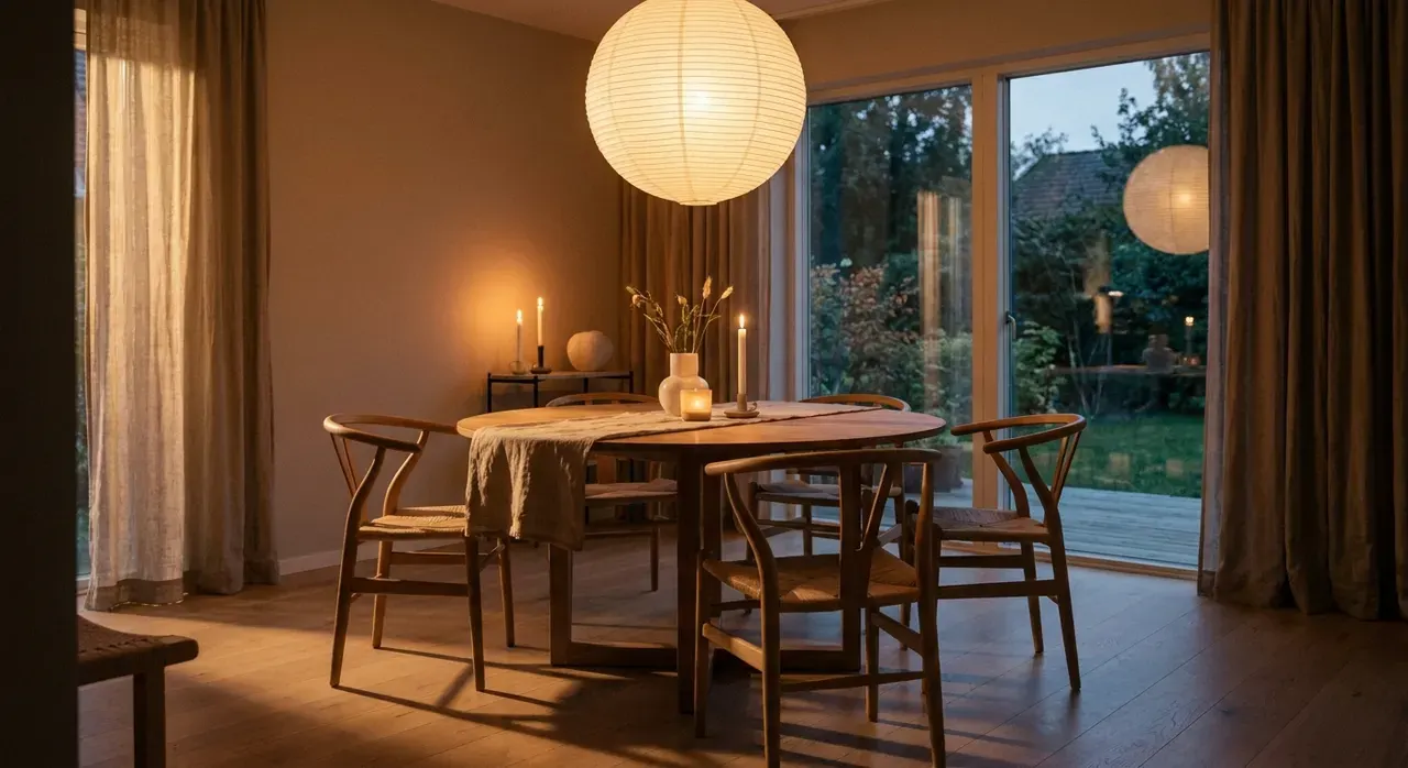 Japandi Eetkamer - avondsfeer met verlichting