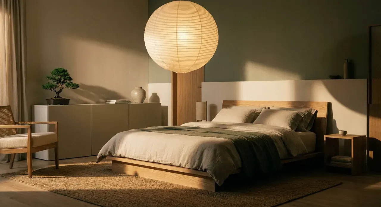 Japandi Slaapkamer - avondsfeer met verlichting