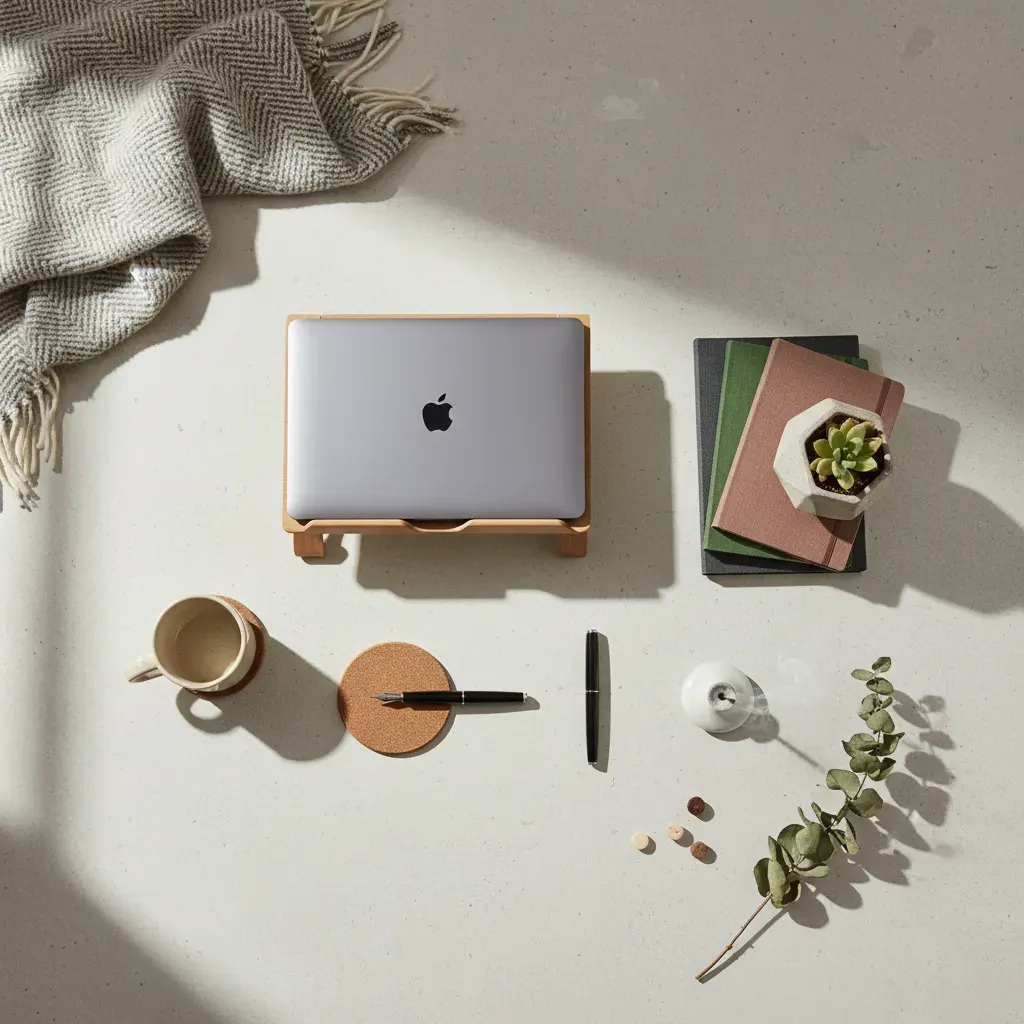 Japandi Werkkamer - flatlay van decoratieve objecten