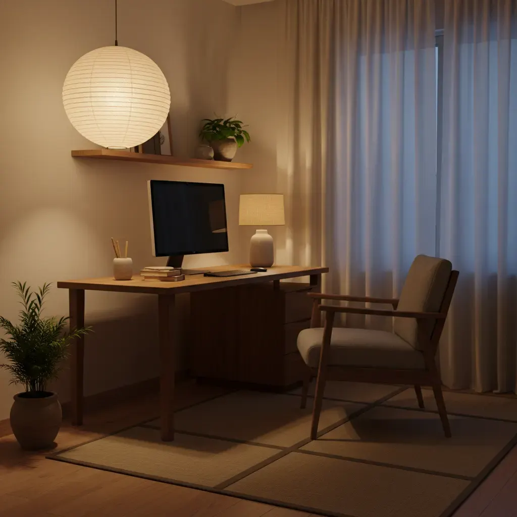 Japandi Werkkamer - avondsfeer met verlichting