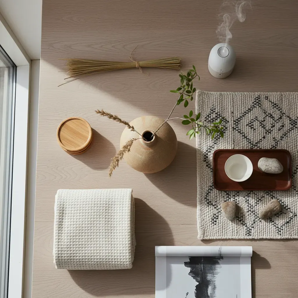 Japandi Woonkamer - flatlay van decoratieve objecten