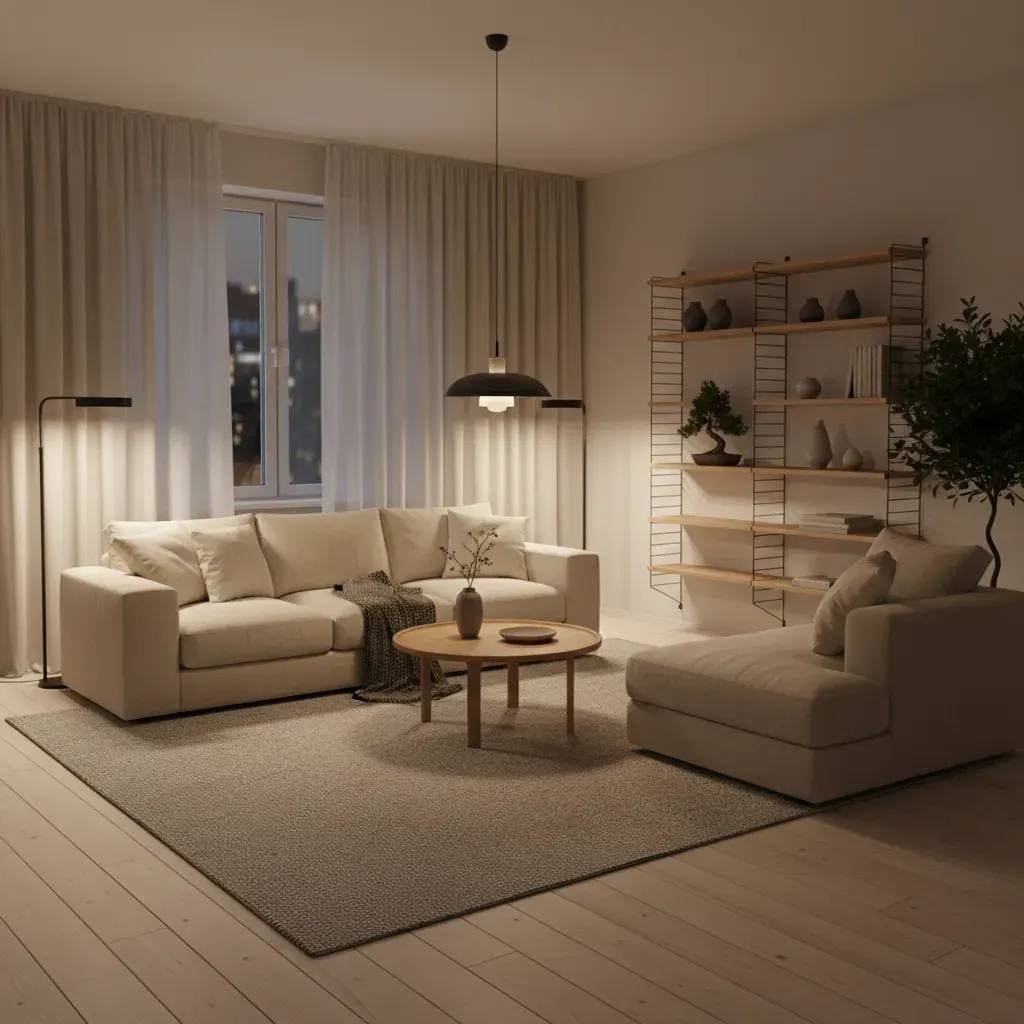 Japandi Woonkamer - avondsfeer met verlichting