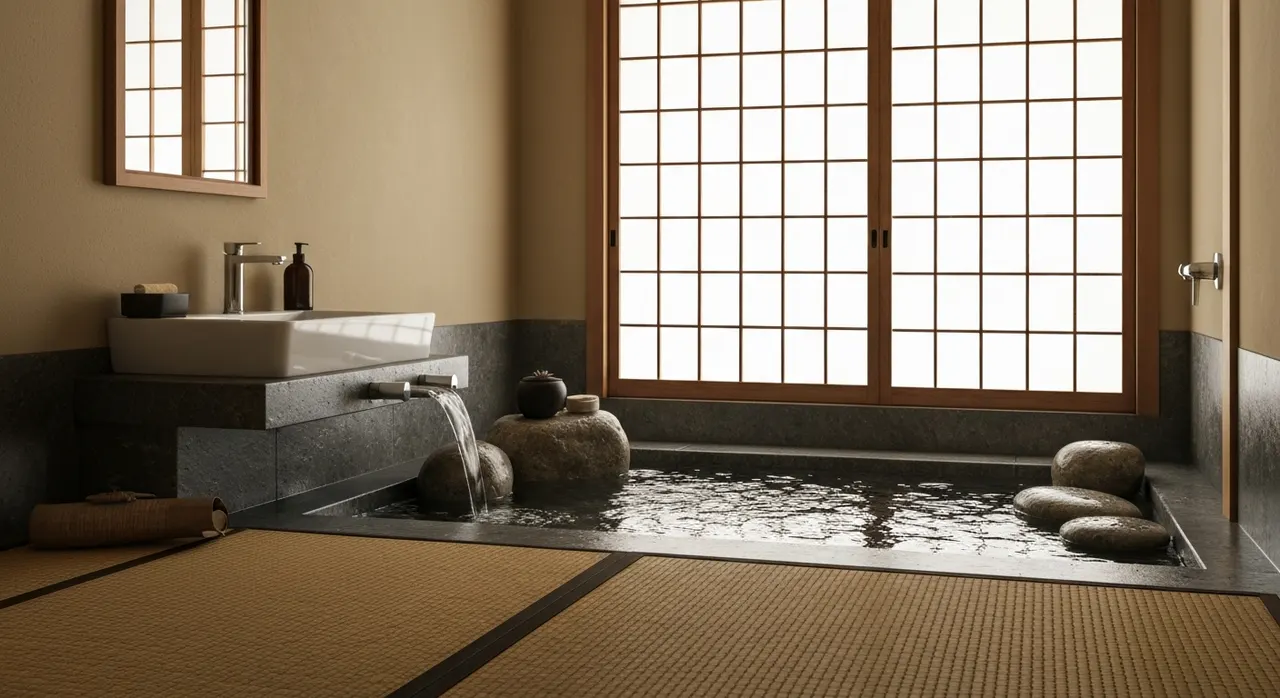 Japans Zen Badkamer - detail van materialen en textuur