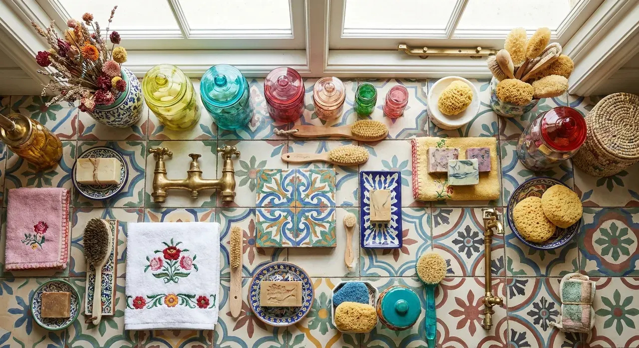 Maximalistisch Badkamer - flatlay van decoratieve objecten