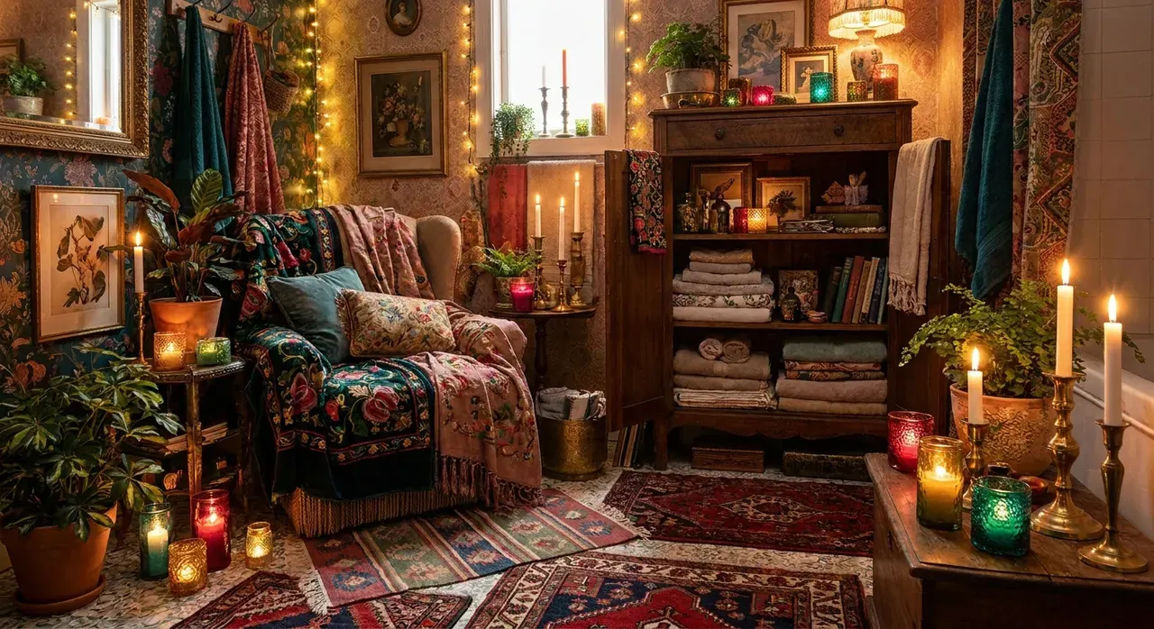 Maximalistisch Badkamer - sfeervol hoekje