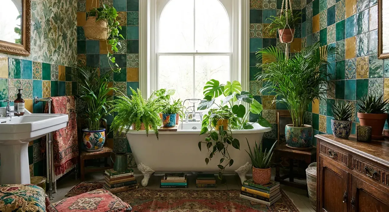 Maximalistisch Badkamer - planten en groen accent