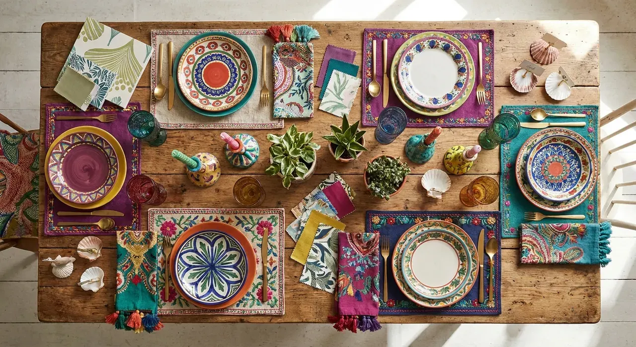 Maximalistisch Eetkamer - flatlay van decoratieve objecten
