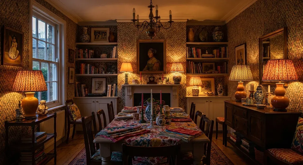 Maximalistisch Eetkamer - avondsfeer met verlichting
