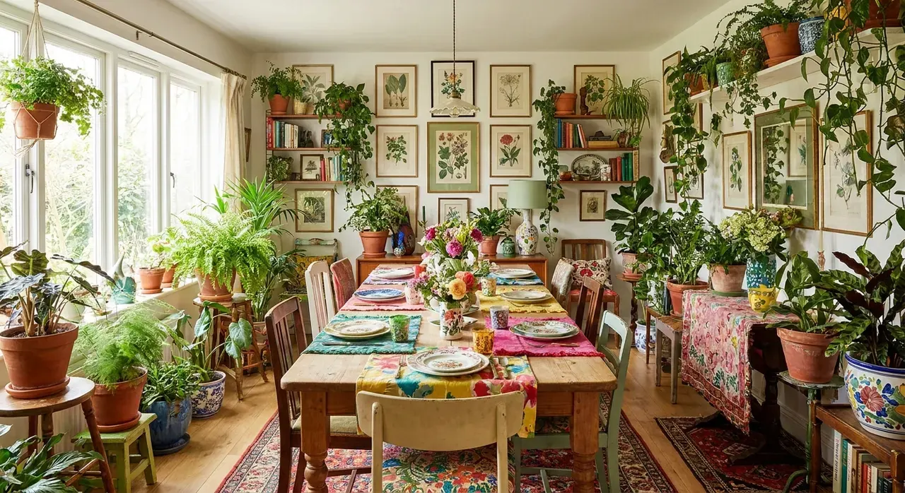 Maximalistisch Eetkamer - planten en groen accent