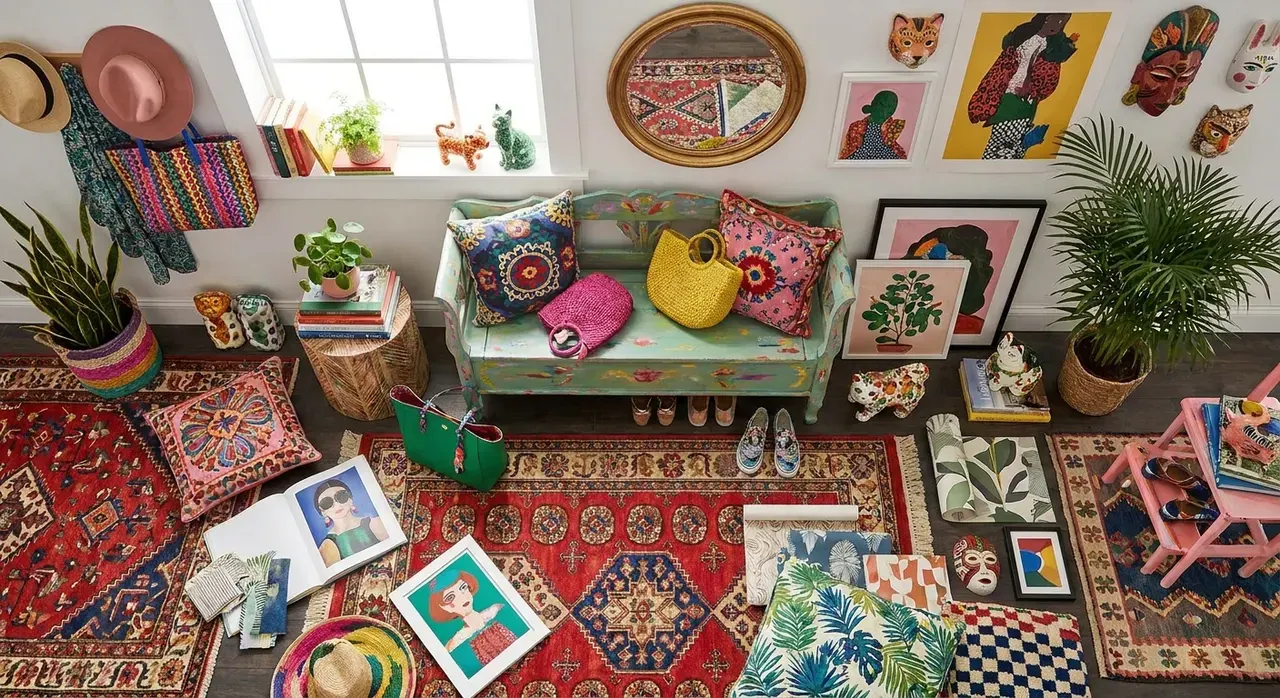 Maximalistisch Hal - flatlay van decoratieve objecten