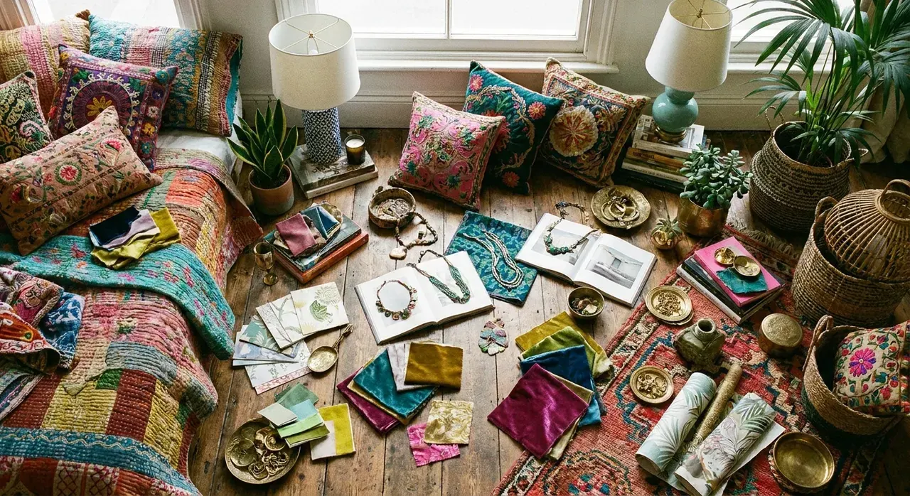 Maximalistisch Slaapkamer - flatlay van decoratieve objecten