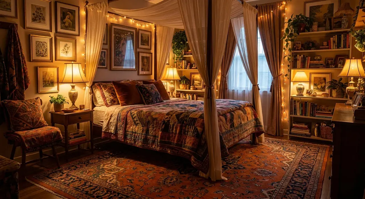 Maximalistisch Slaapkamer - avondsfeer met verlichting