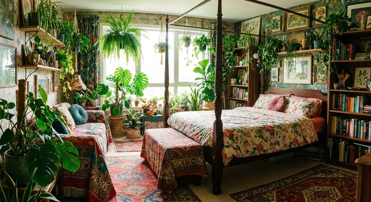 Maximalistisch Slaapkamer - planten en groen accent