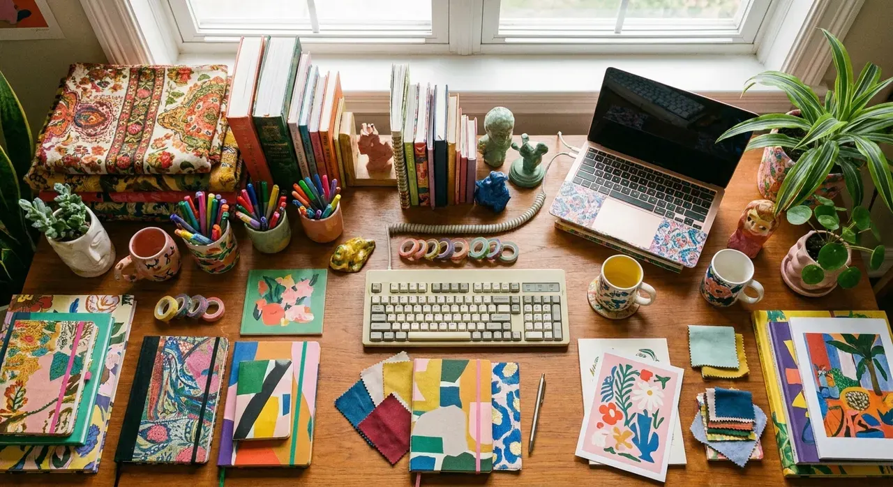 Maximalistisch Werkkamer - flatlay van decoratieve objecten