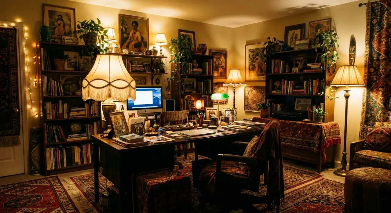 Maximalistisch Werkkamer - avondsfeer met verlichting
