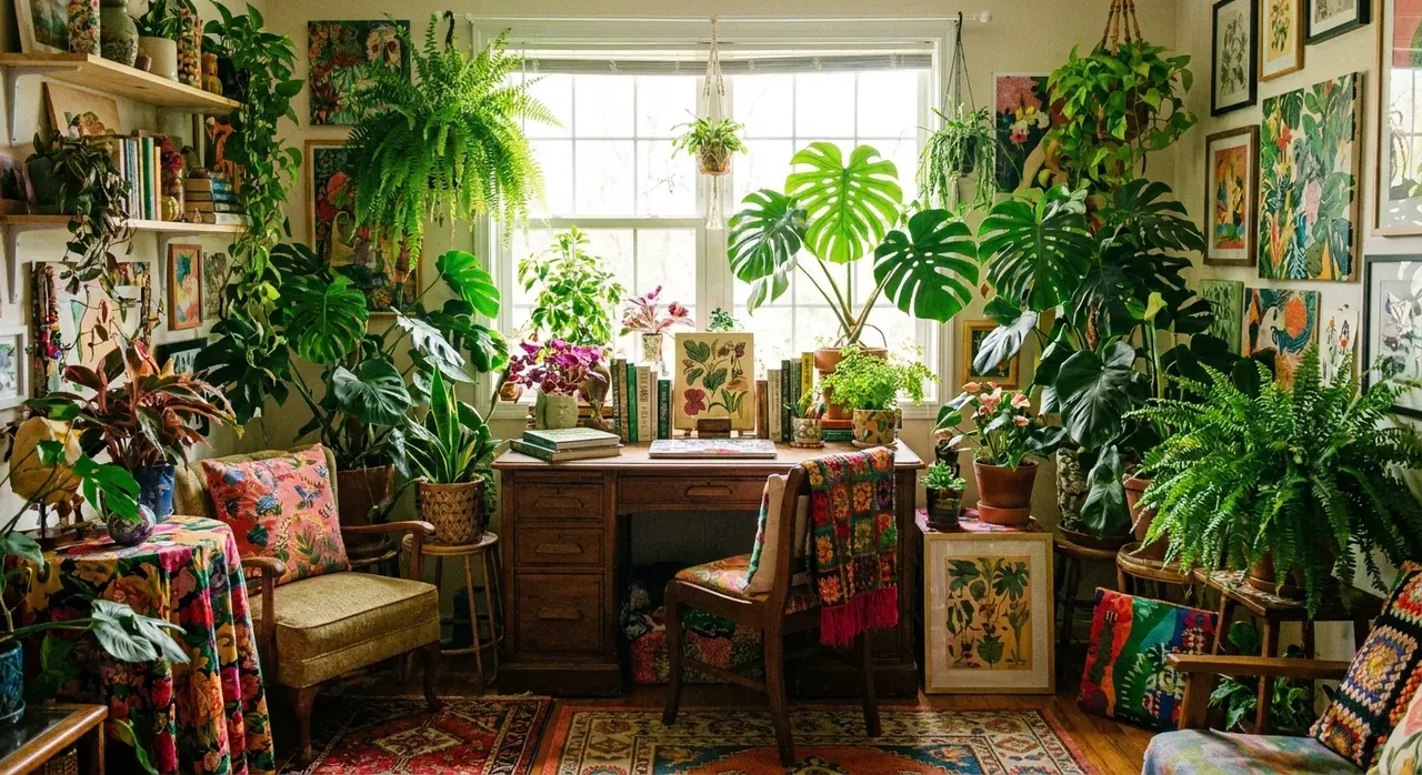 Maximalistisch Werkkamer - planten en groen accent