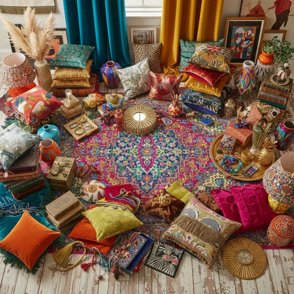 Maximalistisch Woonkamer - flatlay van decoratieve objecten