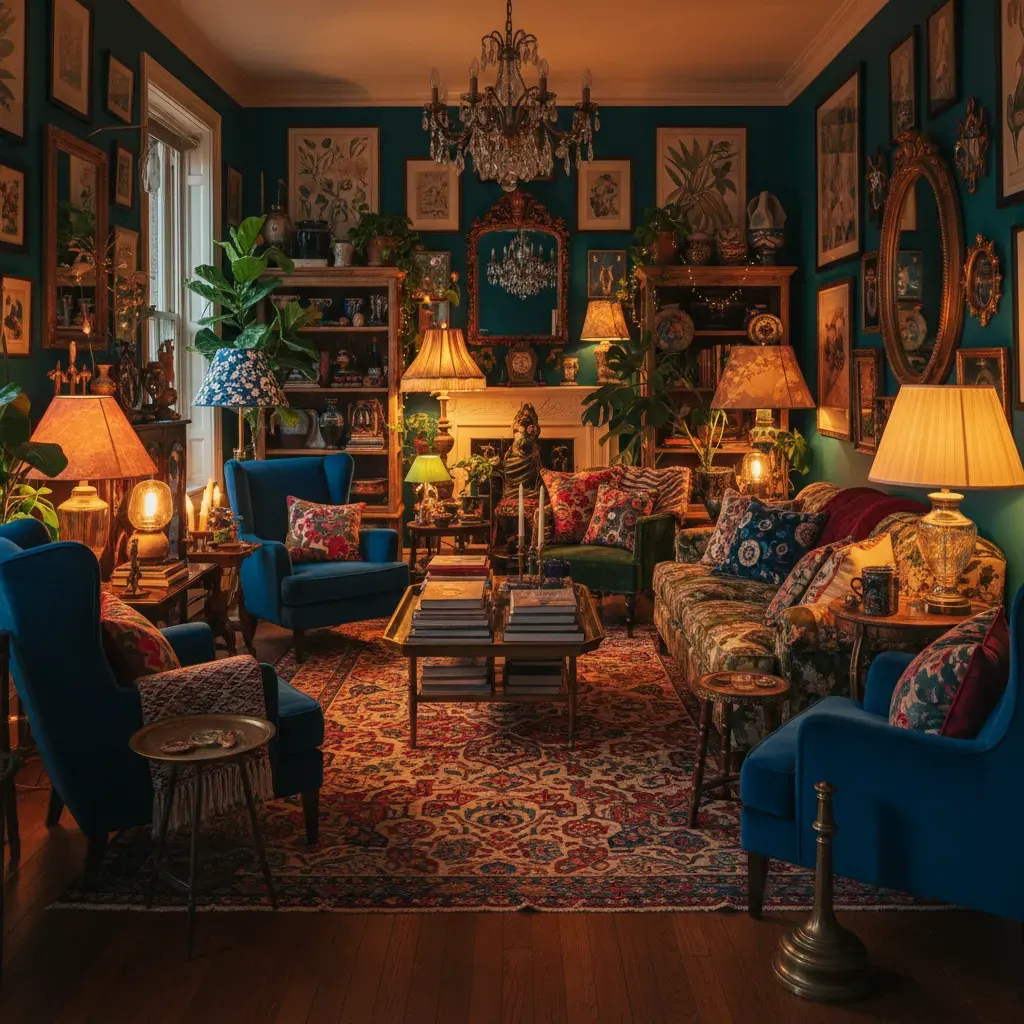 Maximalistisch Woonkamer - avondsfeer met verlichting