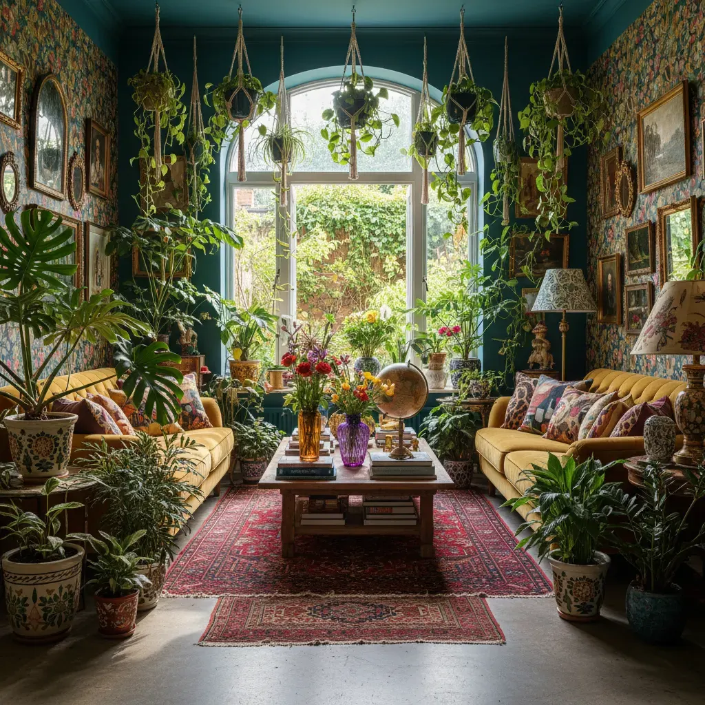 Maximalistisch Woonkamer - planten en groen accent