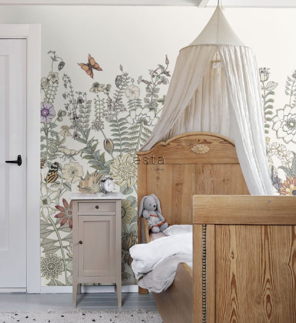 ESTAhome Botanisch Kinderbehang Bloemen en Bladeren Olijfgroen