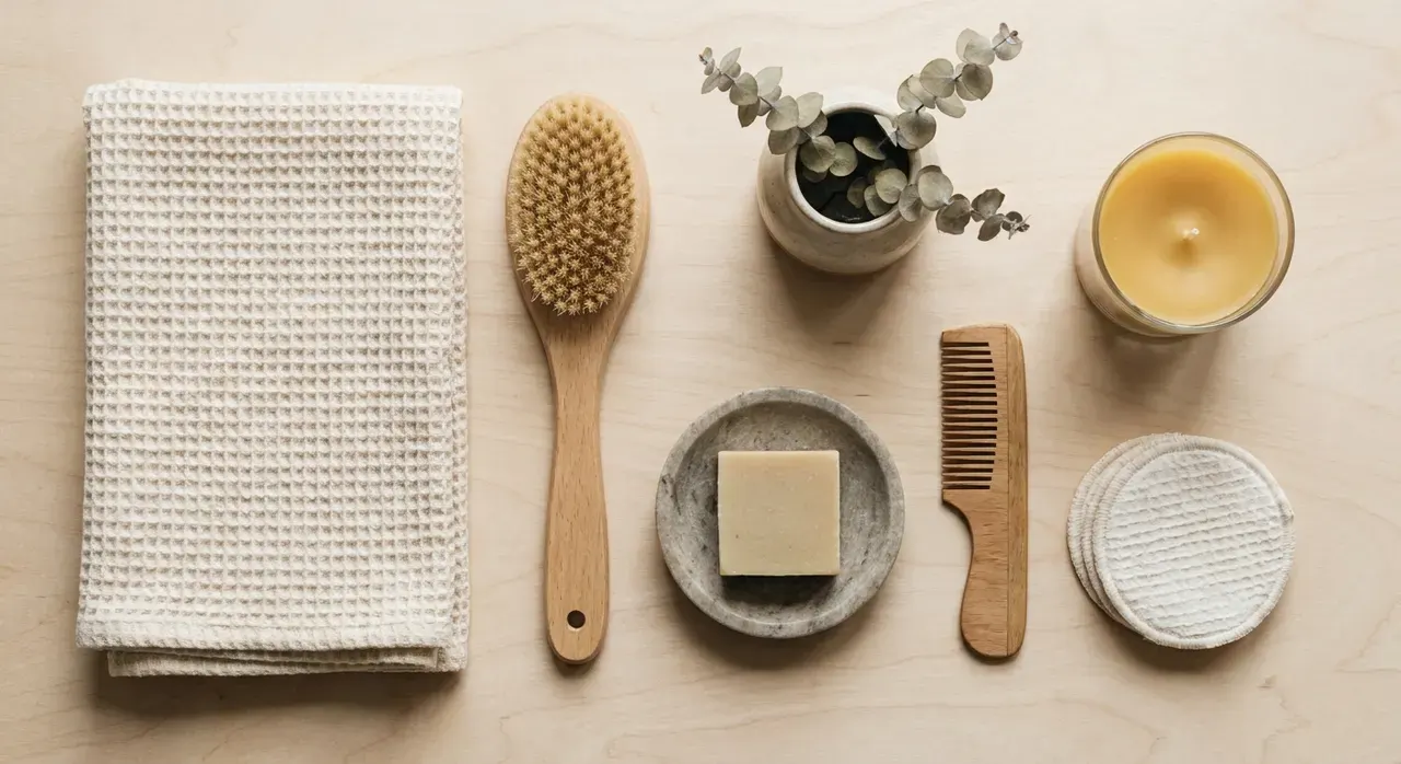 Scandinavisch Badkamer - flatlay van decoratieve objecten