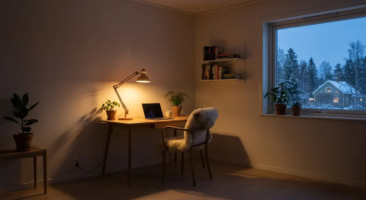 Scandinavisch Werkkamer - avondsfeer met verlichting