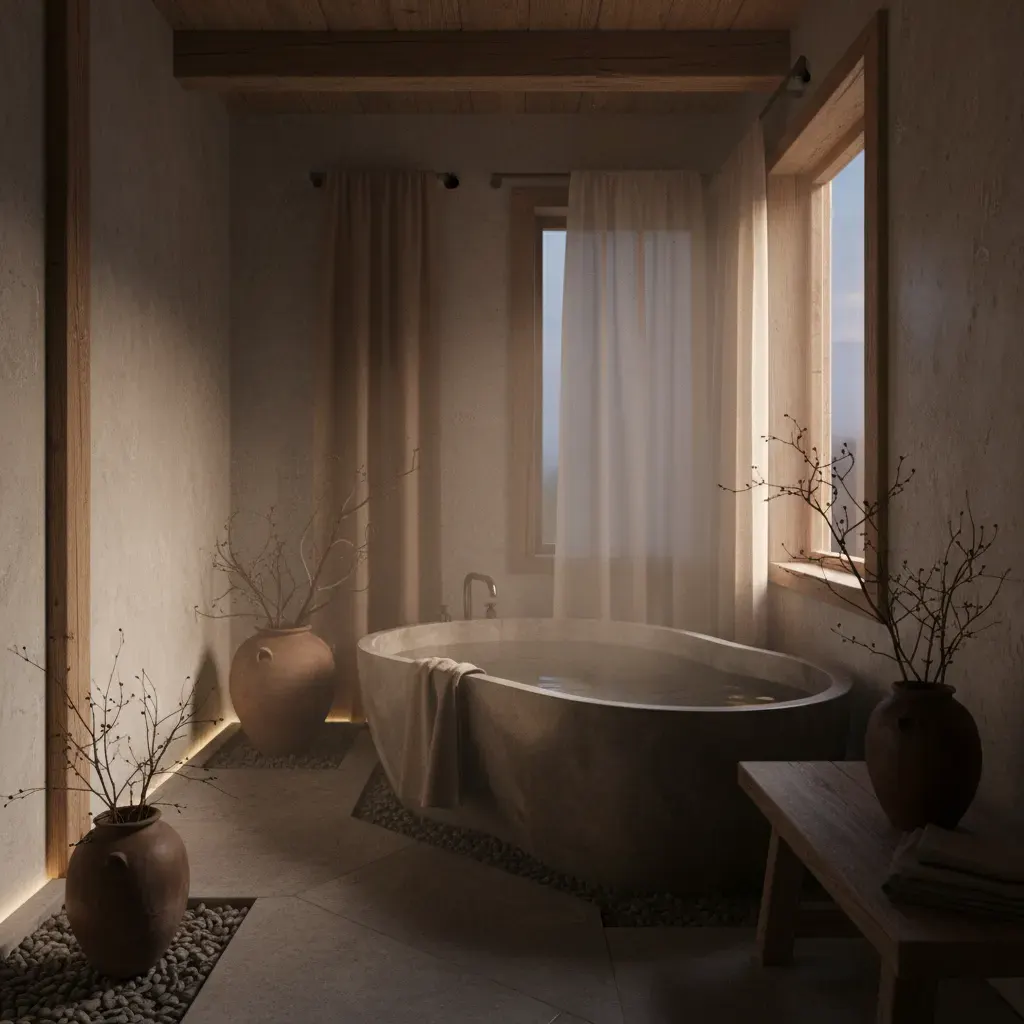 Wabi-Sabi Badkamer - avondsfeer met verlichting