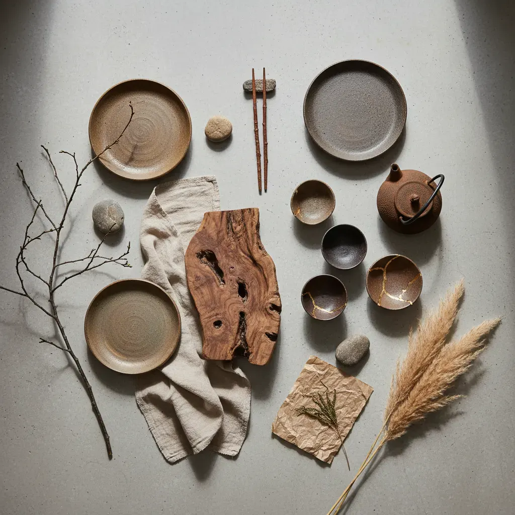 Wabi-Sabi Eetkamer - flatlay van decoratieve objecten