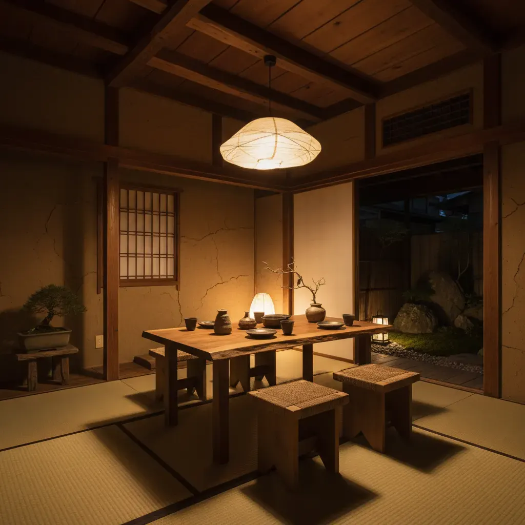 Wabi-Sabi Eetkamer - avondsfeer met verlichting