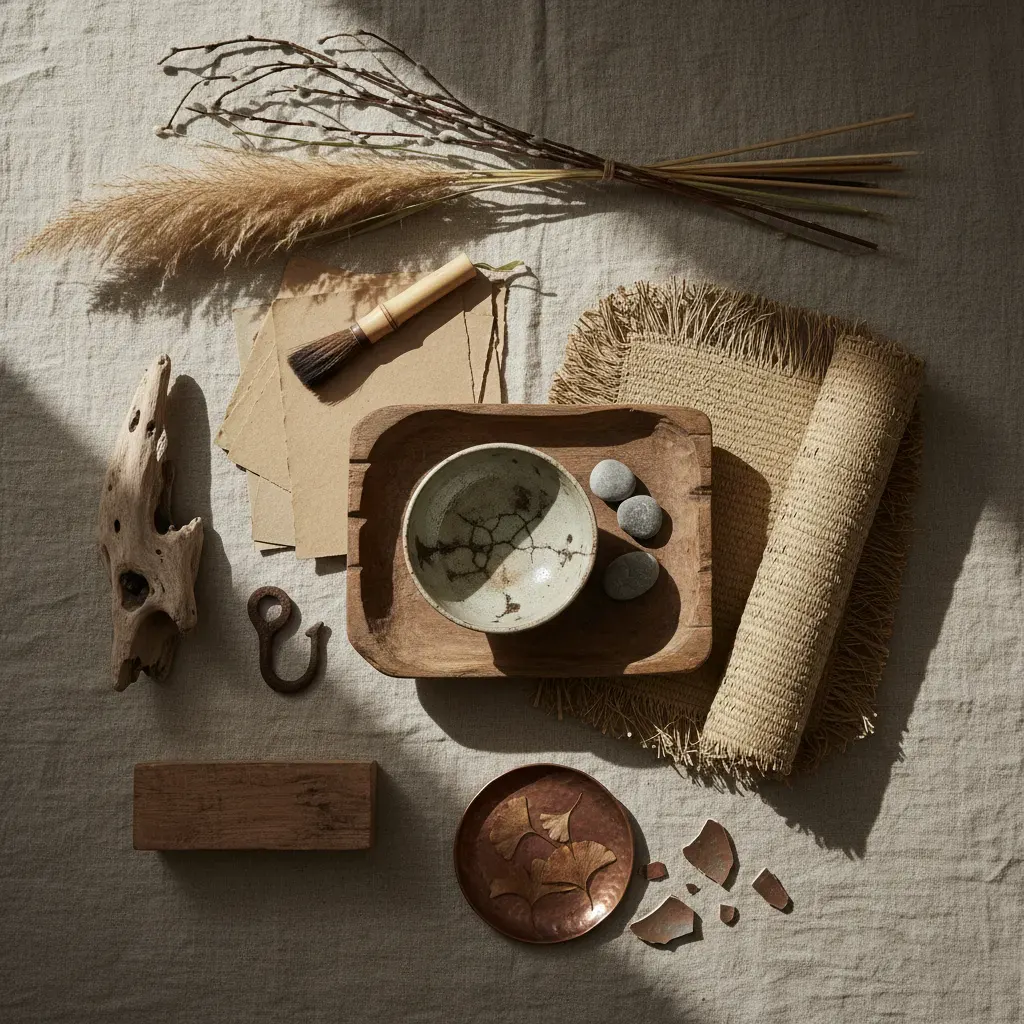 Wabi-Sabi Hal - flatlay van decoratieve objecten