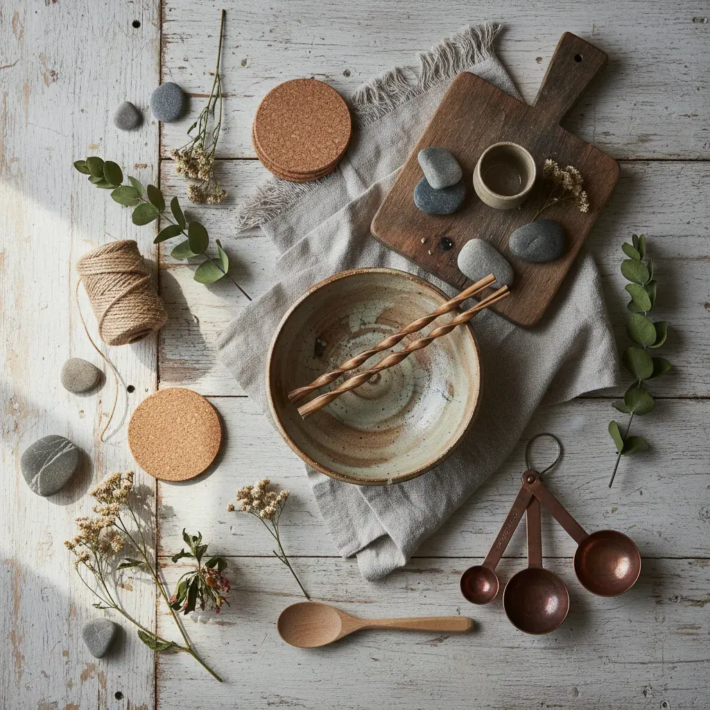 Wabi-Sabi Keuken - flatlay van decoratieve objecten