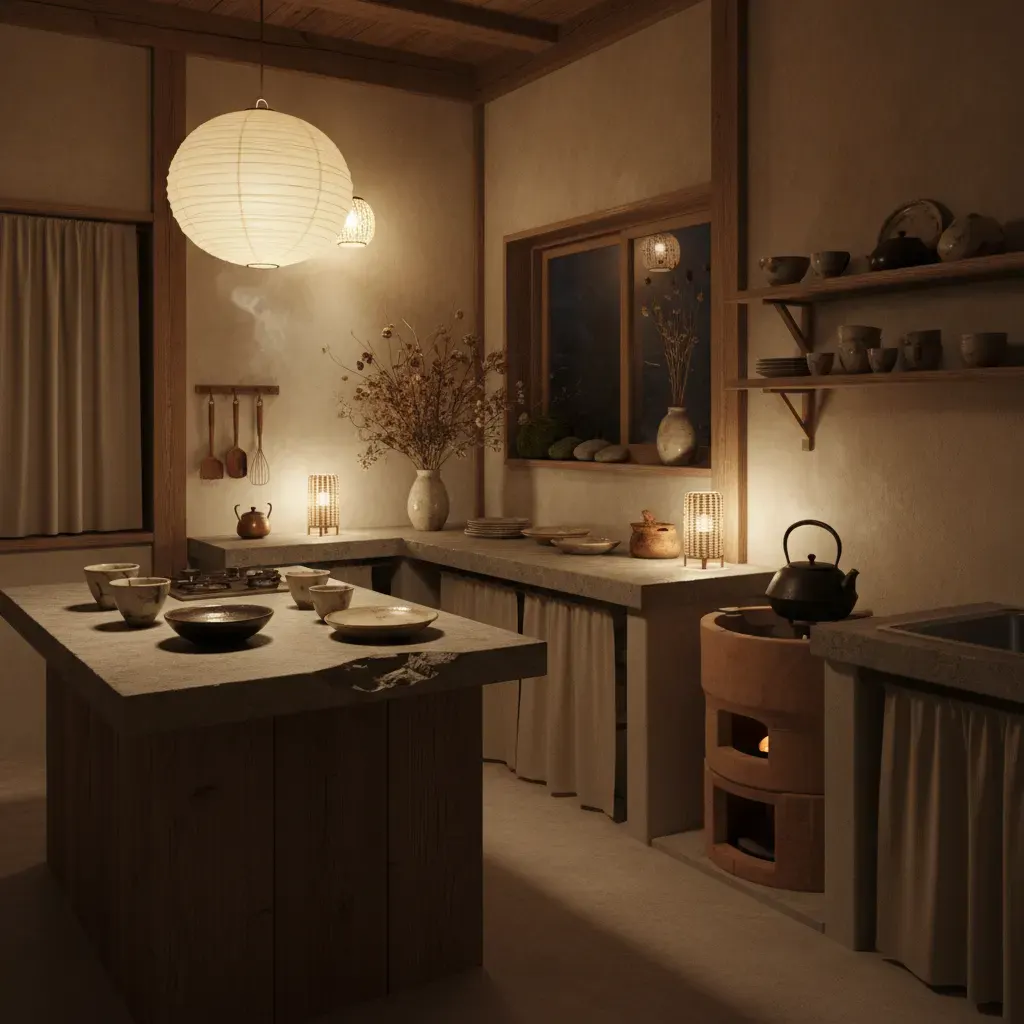 Wabi-Sabi Keuken - avondsfeer met verlichting