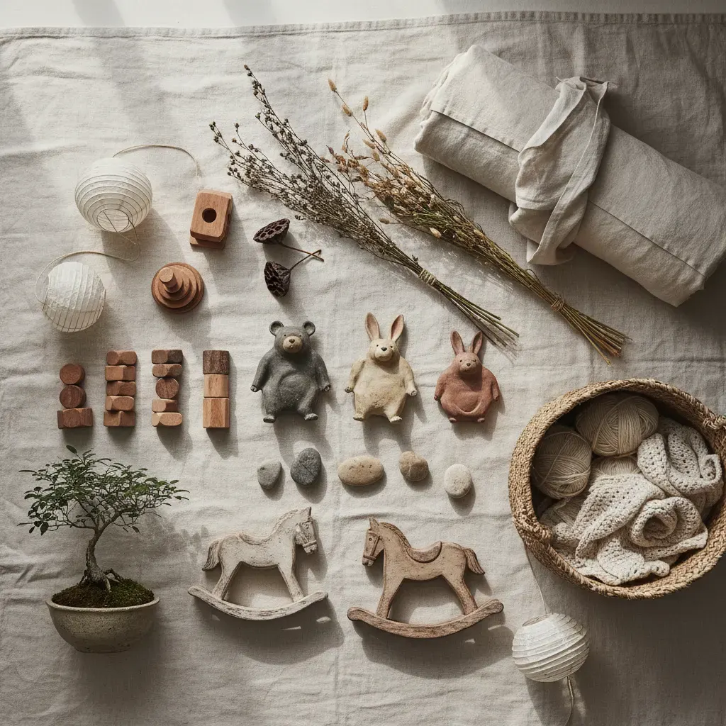 Wabi-Sabi Kinderkamer - flatlay van decoratieve objecten