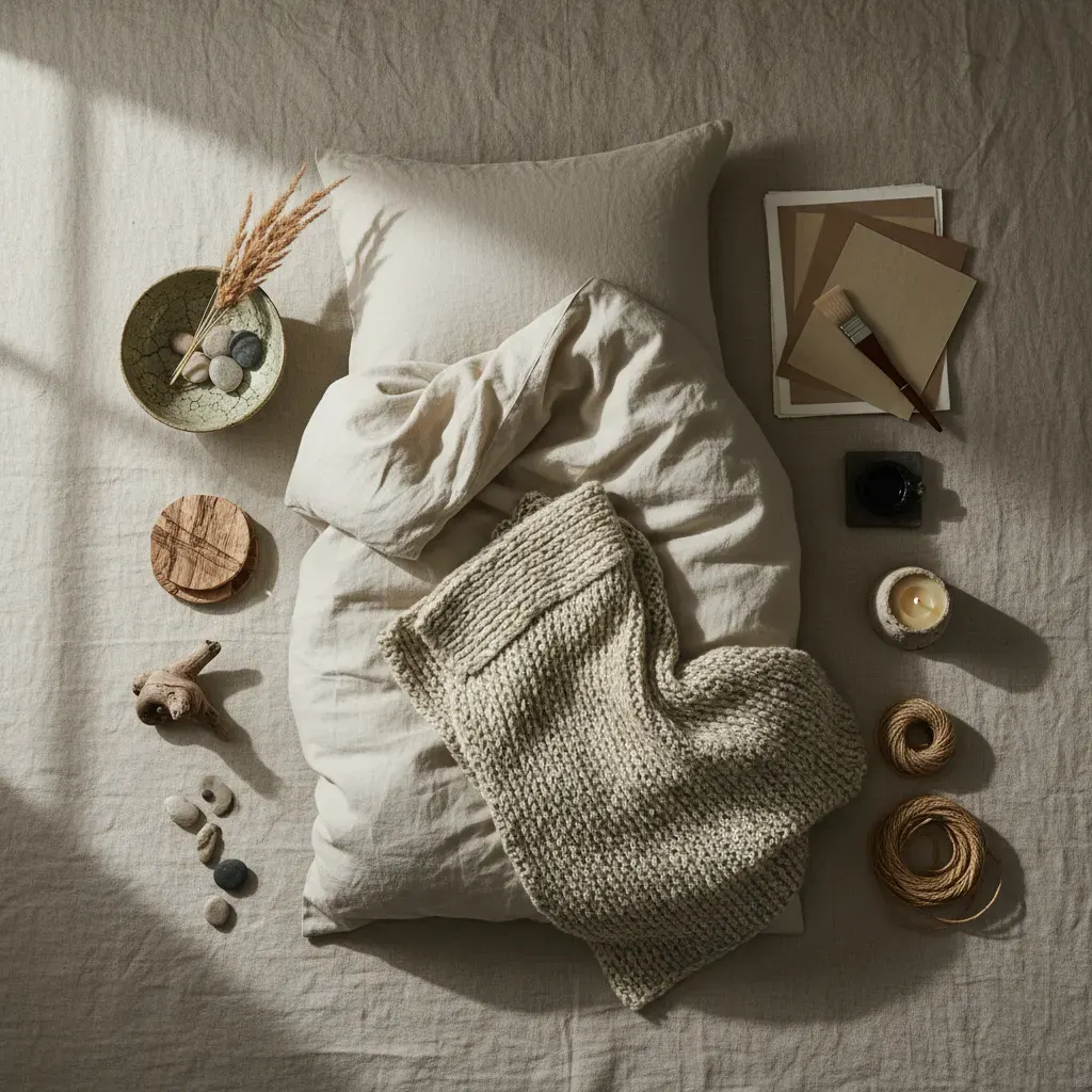 Wabi-Sabi Slaapkamer - flatlay van decoratieve objecten