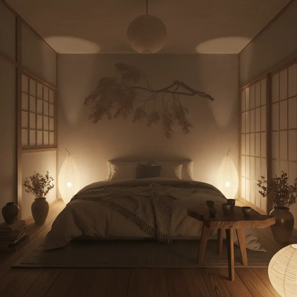 Wabi-Sabi Slaapkamer - avondsfeer met verlichting