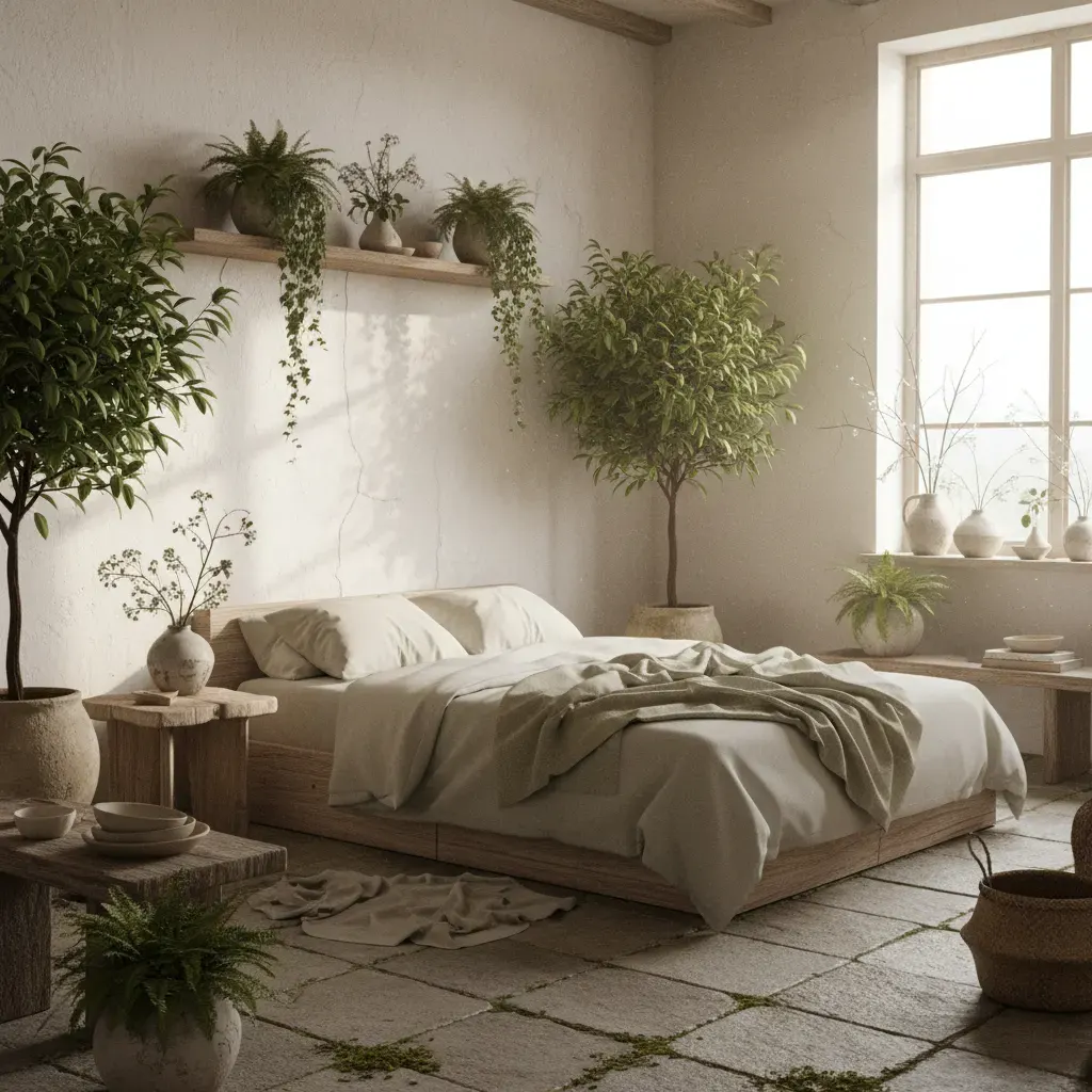 Wabi-Sabi Slaapkamer - planten en groen accent