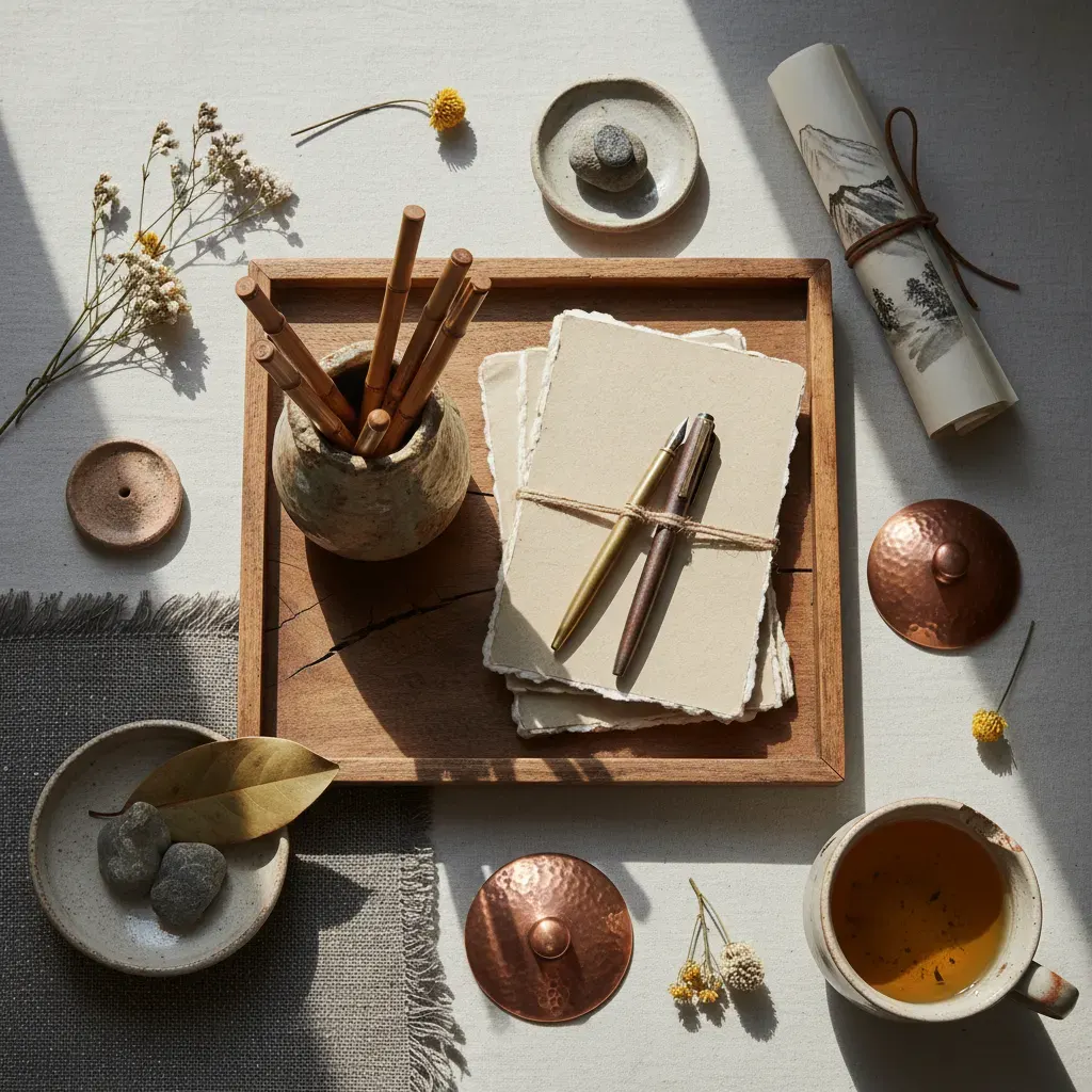 Wabi-Sabi Werkkamer - flatlay van decoratieve objecten